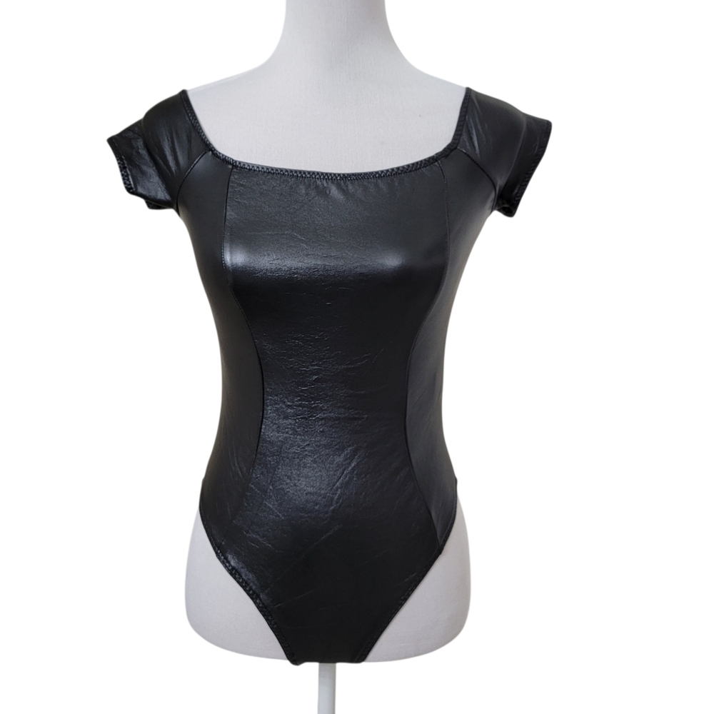 Forever 21 Size S Black Faux Leather Short Sleeve Bodysuit, NEW with Tag